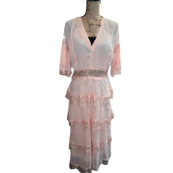 Vintage Inspired Long Pink Layered V Neck Half Sleeves Maxi Dress Women size XL - Picture 2 of 15